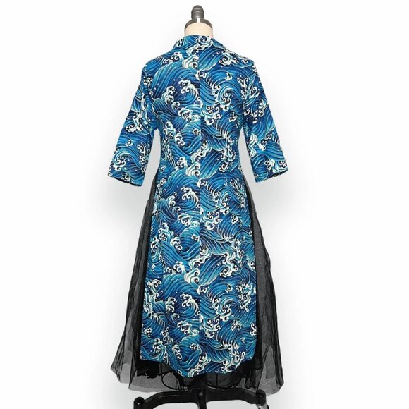 Rare Ukiyo-e Art "The Great Wave off Kanagawa" Print Mandarin Collar Dress - Picture 2 of 7